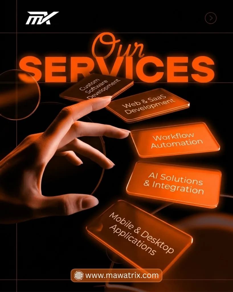 Mawatrix Technologies services: custom software, web and SaaS, workflow automation, AI integration, mobile and desktop apps.